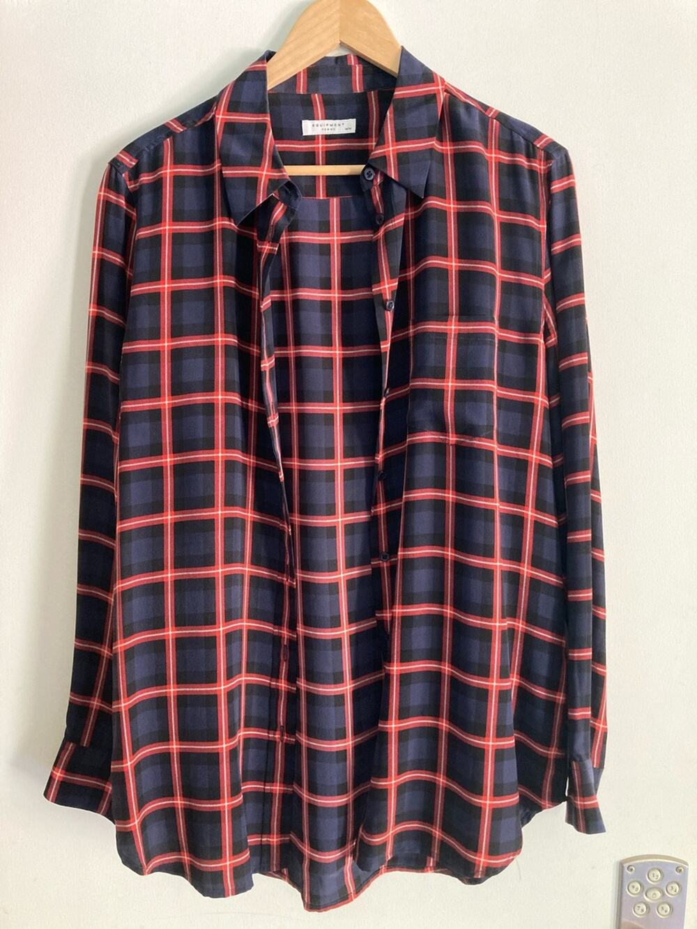 Equipment Femme Button Up Reece Shirt Silk Peacoat Multi Plaid Blue Red $268
